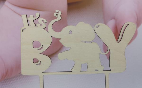 Caketopper Tortenaufsatz "Its a Boy mit Elefant" aus Holz zur Geburt