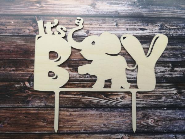 Caketopper Tortenaufsatz "Its a Boy mit Elefant" aus Holz zur Geburt